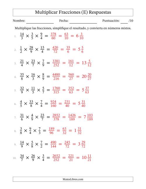La hoja de ejercicios de Multiplicar Fracciones Propias e Impropias (Tres Factores) (E) Página 2