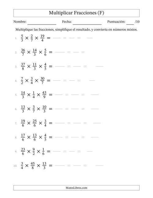 La hoja de ejercicios de Multiplicar Fracciones Propias e Impropias (Tres Factores) (F)