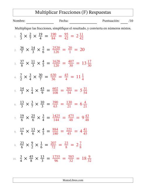 La hoja de ejercicios de Multiplicar Fracciones Propias e Impropias (Tres Factores) (F) Página 2