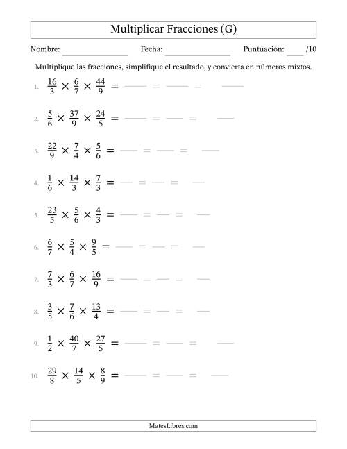 La hoja de ejercicios de Multiplicar Fracciones Propias e Impropias (Tres Factores) (G)