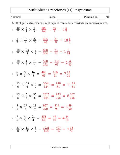 La hoja de ejercicios de Multiplicar Fracciones Propias e Impropias (Tres Factores) (H) Página 2