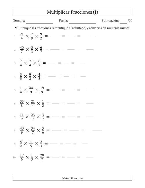 La hoja de ejercicios de Multiplicar Fracciones Propias e Impropias (Tres Factores) (I)