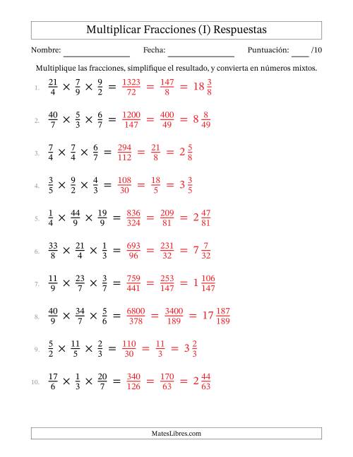 La hoja de ejercicios de Multiplicar Fracciones Propias e Impropias (Tres Factores) (I) Página 2
