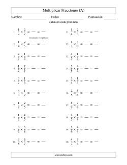 Multiplicar Dos Fracciones Propias (Simplificar Todos los Resultados)