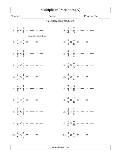 La hoja de ejercicios de Multiplicar Dos Fracciones Propias (Simplificar Todos los Resultados) (A)