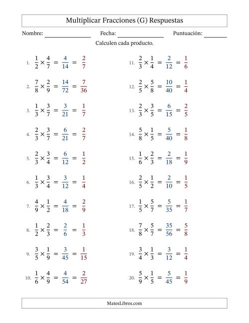 La hoja de ejercicios de Multiplicar Two fracciones propias y con simplificación en todas (Rellenable) (G) Página 2