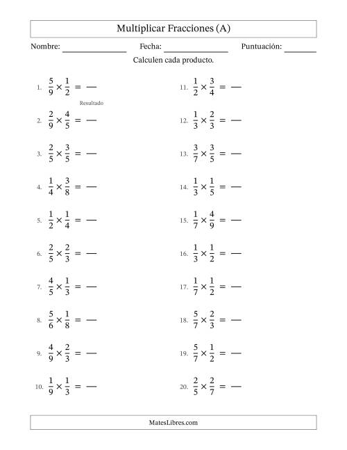 La hoja de ejercicios de Multiplicar Two fracciones propias y sin simplificación (Rellenable) (A)