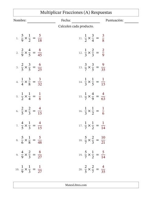 La hoja de ejercicios de Multiplicar Two fracciones propias y sin simplificación (Rellenable) (A) Página 2