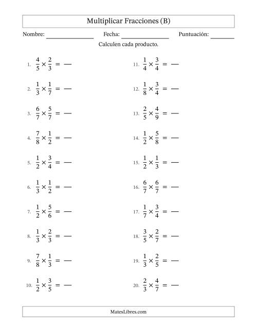La hoja de ejercicios de Multiplicar Two fracciones propias y sin simplificación (Rellenable) (B)
