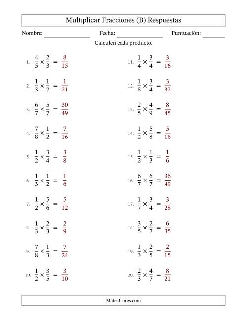 La hoja de ejercicios de Multiplicar Two fracciones propias y sin simplificación (Rellenable) (B) Página 2