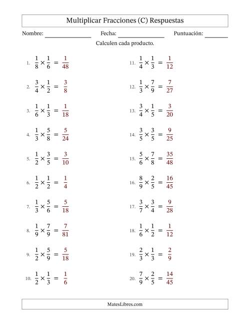 La hoja de ejercicios de Multiplicar Two fracciones propias y sin simplificación (Rellenable) (C) Página 2