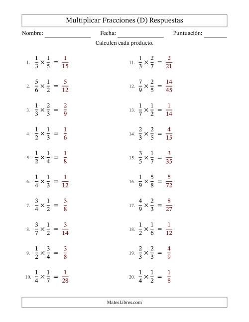 La hoja de ejercicios de Multiplicar Two fracciones propias y sin simplificación (Rellenable) (D) Página 2