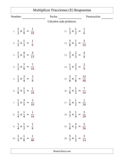 La hoja de ejercicios de Multiplicar Two fracciones propias y sin simplificación (Rellenable) (E) Página 2