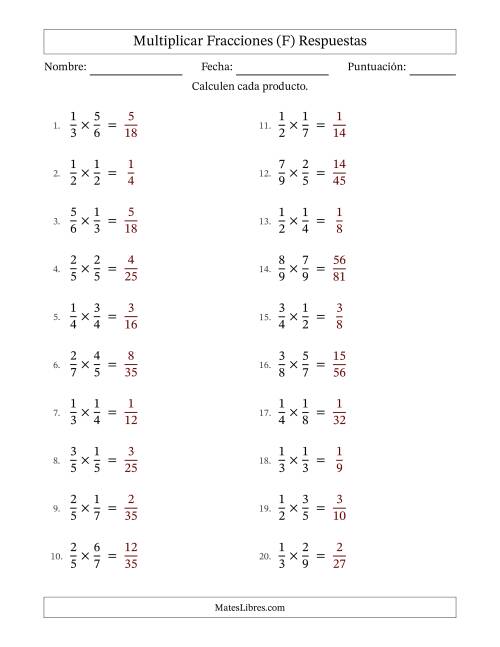 La hoja de ejercicios de Multiplicar Two fracciones propias y sin simplificación (Rellenable) (F) Página 2