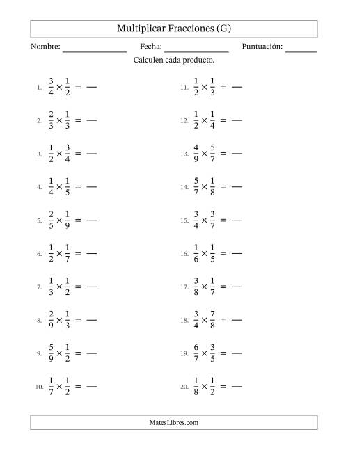 La hoja de ejercicios de Multiplicar Two fracciones propias y sin simplificación (Rellenable) (G)