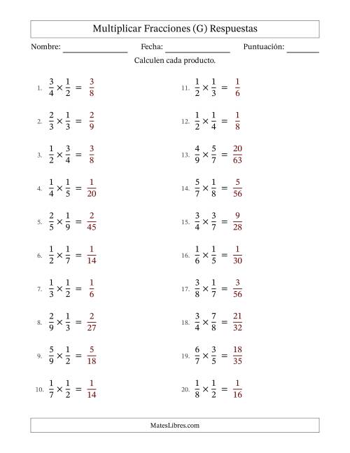 La hoja de ejercicios de Multiplicar Two fracciones propias y sin simplificación (Rellenable) (G) Página 2