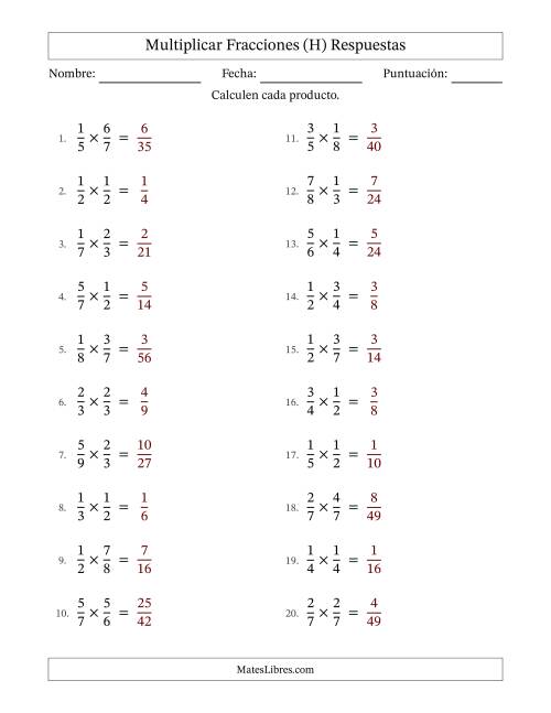 La hoja de ejercicios de Multiplicar Two fracciones propias y sin simplificación (Rellenable) (H) Página 2