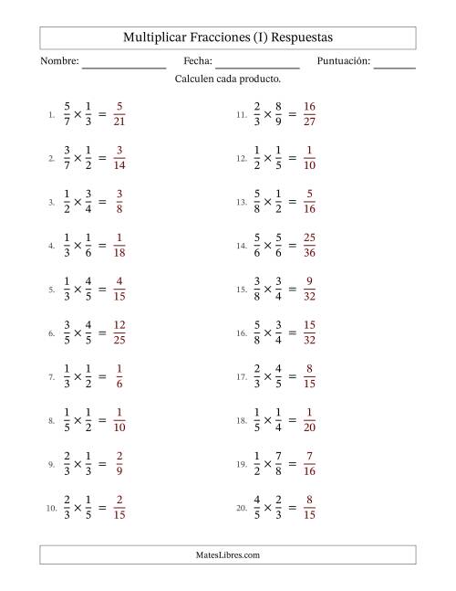 La hoja de ejercicios de Multiplicar Two fracciones propias y sin simplificación (Rellenable) (I) Página 2