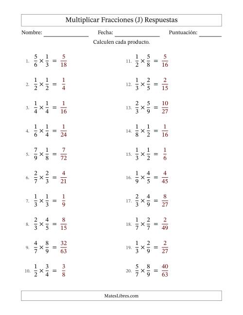 La hoja de ejercicios de Multiplicar Two fracciones propias y sin simplificación (Rellenable) (J) Página 2