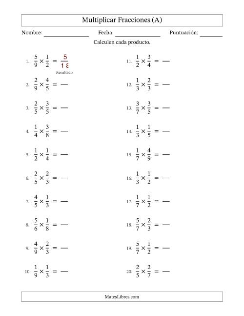 La hoja de ejercicios de Multiplicar Two fracciones propias y sin simplificación (Rellenable) (Todas)