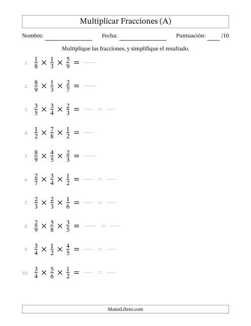 La hoja de ejercicios de Multiplicar Tres Fracciones Propias (A)