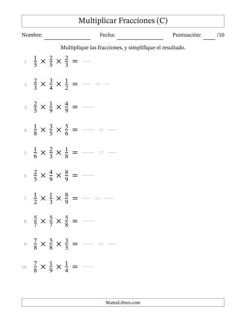 La hoja de ejercicios de Multiplicar Tres Fracciones Propias (C)