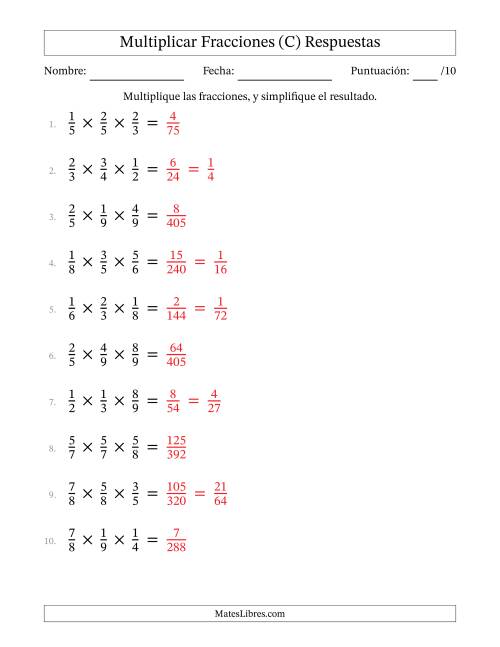 La hoja de ejercicios de Multiplicar Tres Fracciones Propias (C) Página 2