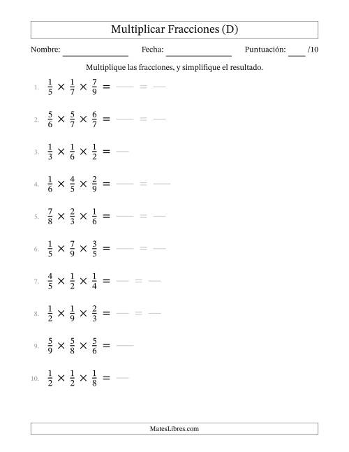 La hoja de ejercicios de Multiplicar Tres Fracciones Propias (D)