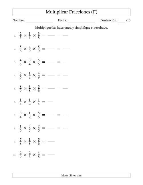 La hoja de ejercicios de Multiplicar Tres Fracciones Propias (F)