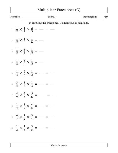 La hoja de ejercicios de Multiplicar Tres Fracciones Propias (G)