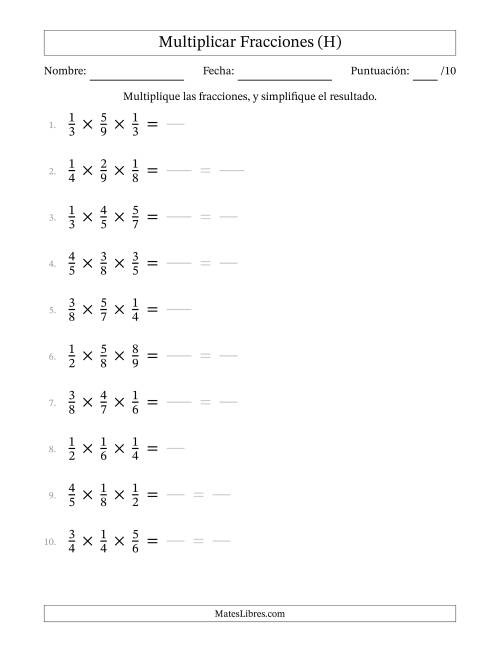 La hoja de ejercicios de Multiplicar Tres Fracciones Propias (H)