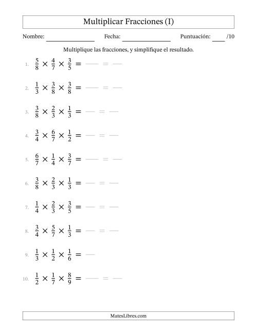 La hoja de ejercicios de Multiplicar Tres Fracciones Propias (I)
