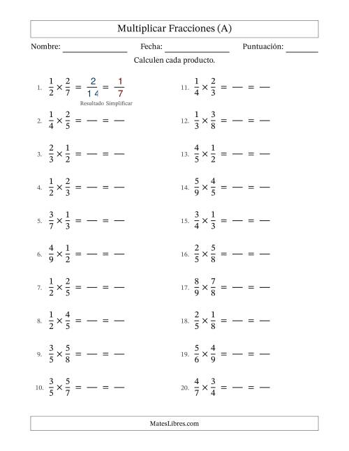 La hoja de ejercicios de Multiplicar Two fracciones propias y con simplificación en todas (Rellenable) (Todas)