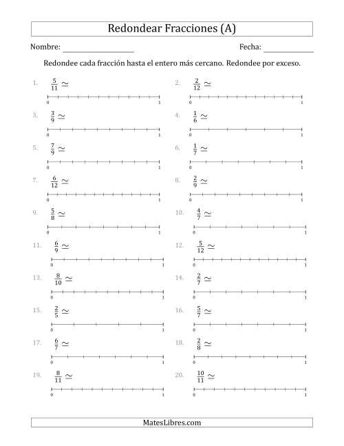 La hoja de ejercicios de Redondear Fracciones hasta el Entero más Cercano con Líneas Auxiliares (A)