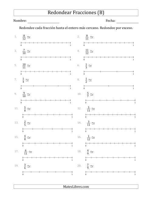 La hoja de ejercicios de Redondear Fracciones hasta el Entero más Cercano con Líneas Auxiliares (B)