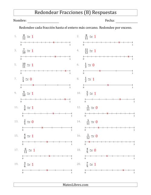 La hoja de ejercicios de Redondear Fracciones hasta el Entero más Cercano con Líneas Auxiliares (B) Página 2