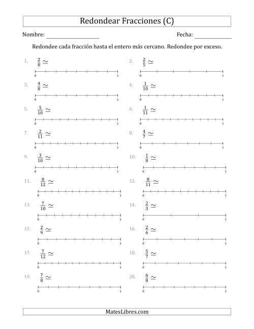 La hoja de ejercicios de Redondear Fracciones hasta el Entero más Cercano con Líneas Auxiliares (C)