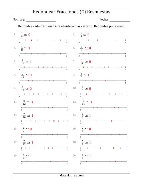 La hoja de ejercicios de Redondear Fracciones hasta el Entero más Cercano con Líneas Auxiliares (C) Página 2