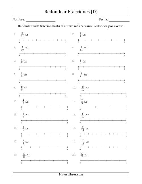 La hoja de ejercicios de Redondear Fracciones hasta el Entero más Cercano con Líneas Auxiliares (D)