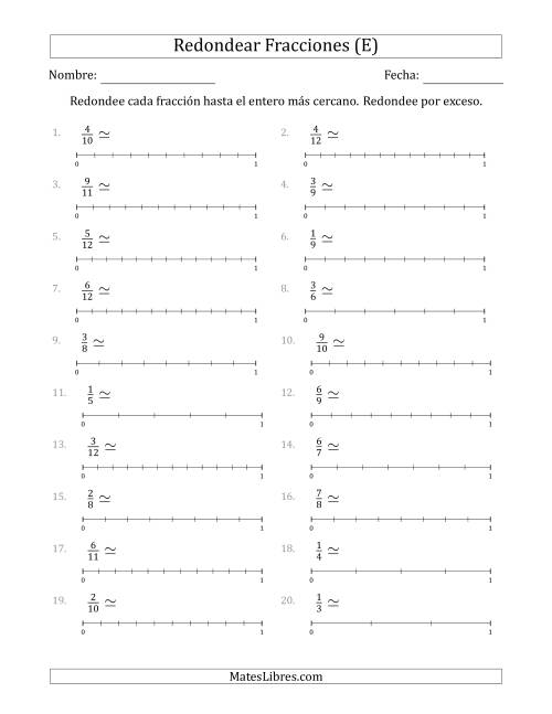 La hoja de ejercicios de Redondear Fracciones hasta el Entero más Cercano con Líneas Auxiliares (E)
