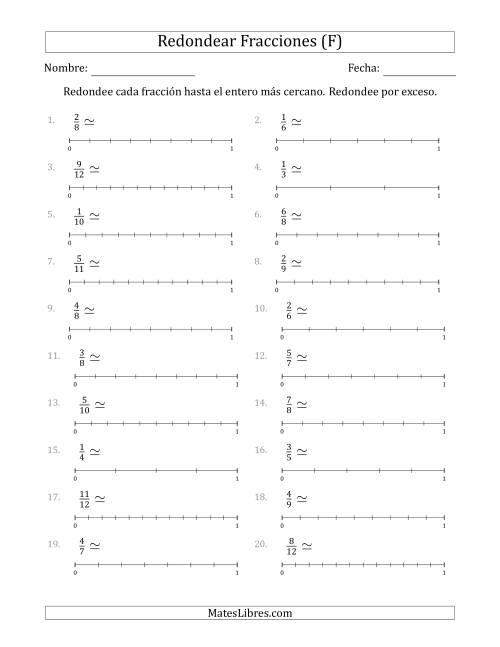 La hoja de ejercicios de Redondear Fracciones hasta el Entero más Cercano con Líneas Auxiliares (F)