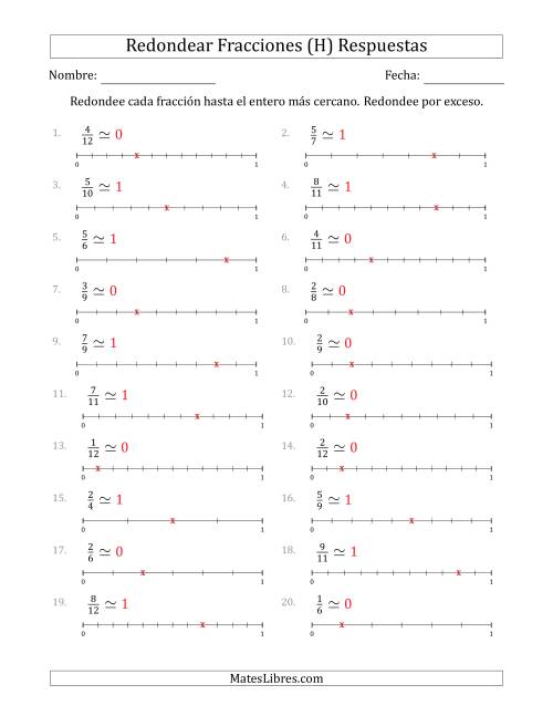 La hoja de ejercicios de Redondear Fracciones hasta el Entero más Cercano con Líneas Auxiliares (H) Página 2