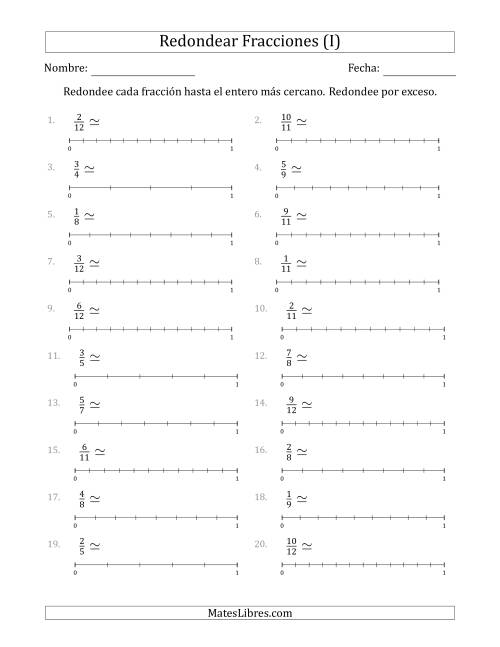 La hoja de ejercicios de Redondear Fracciones hasta el Entero más Cercano con Líneas Auxiliares (I)