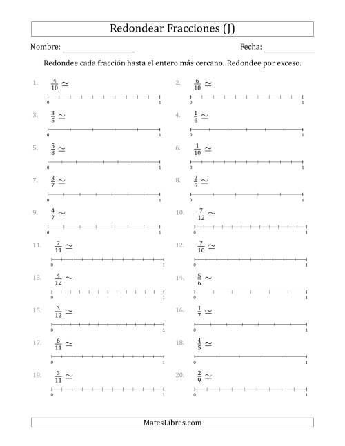 La hoja de ejercicios de Redondear Fracciones hasta el Entero más Cercano con Líneas Auxiliares (J)