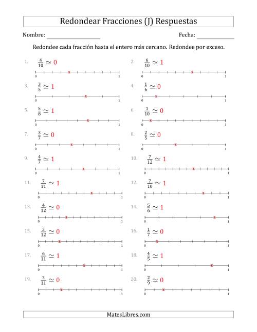 La hoja de ejercicios de Redondear Fracciones hasta el Entero más Cercano con Líneas Auxiliares (J) Página 2