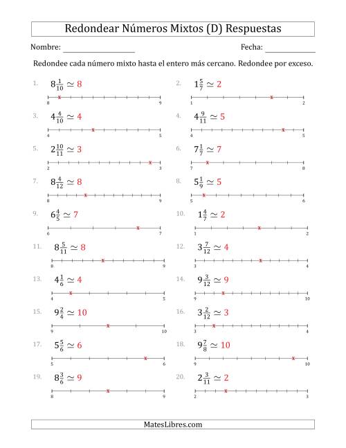 La hoja de ejercicios de Redondear Números Mixtos hasta el Entero más Cercano con Líneas Auxiliares (D) Página 2