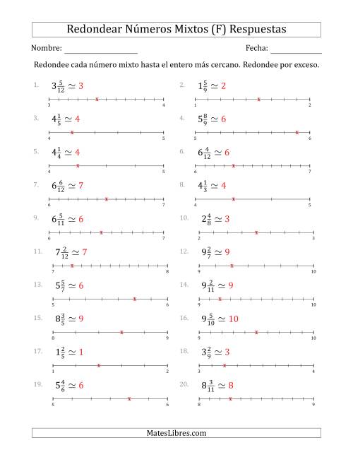 La hoja de ejercicios de Redondear Números Mixtos hasta el Entero más Cercano con Líneas Auxiliares (F) Página 2