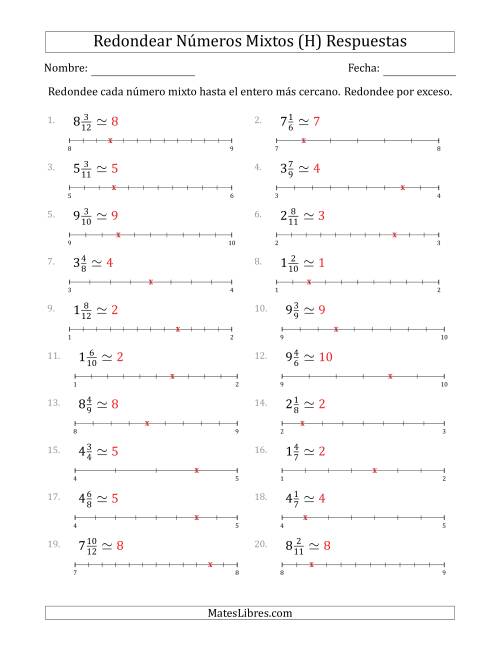 La hoja de ejercicios de Redondear Números Mixtos hasta el Entero más Cercano con Líneas Auxiliares (H) Página 2