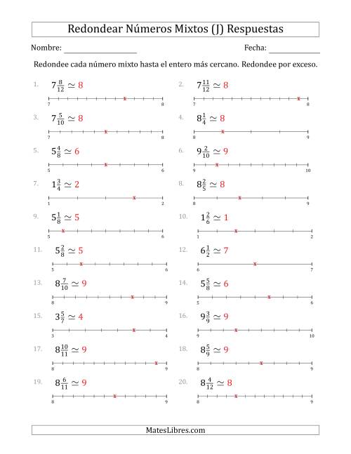 La hoja de ejercicios de Redondear Números Mixtos hasta el Entero más Cercano con Líneas Auxiliares (J) Página 2