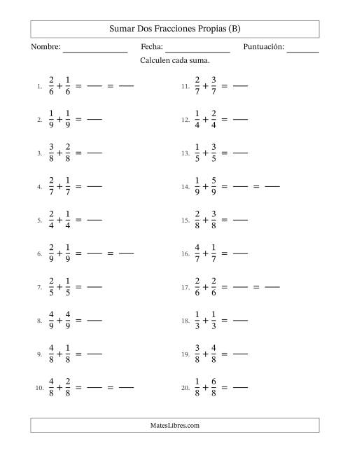 La hoja de ejercicios de Sumar dos fracciones propias con denominadores idénticos, resultados en fracciones propias y con alguna simplificación (Rellenable) (B)
